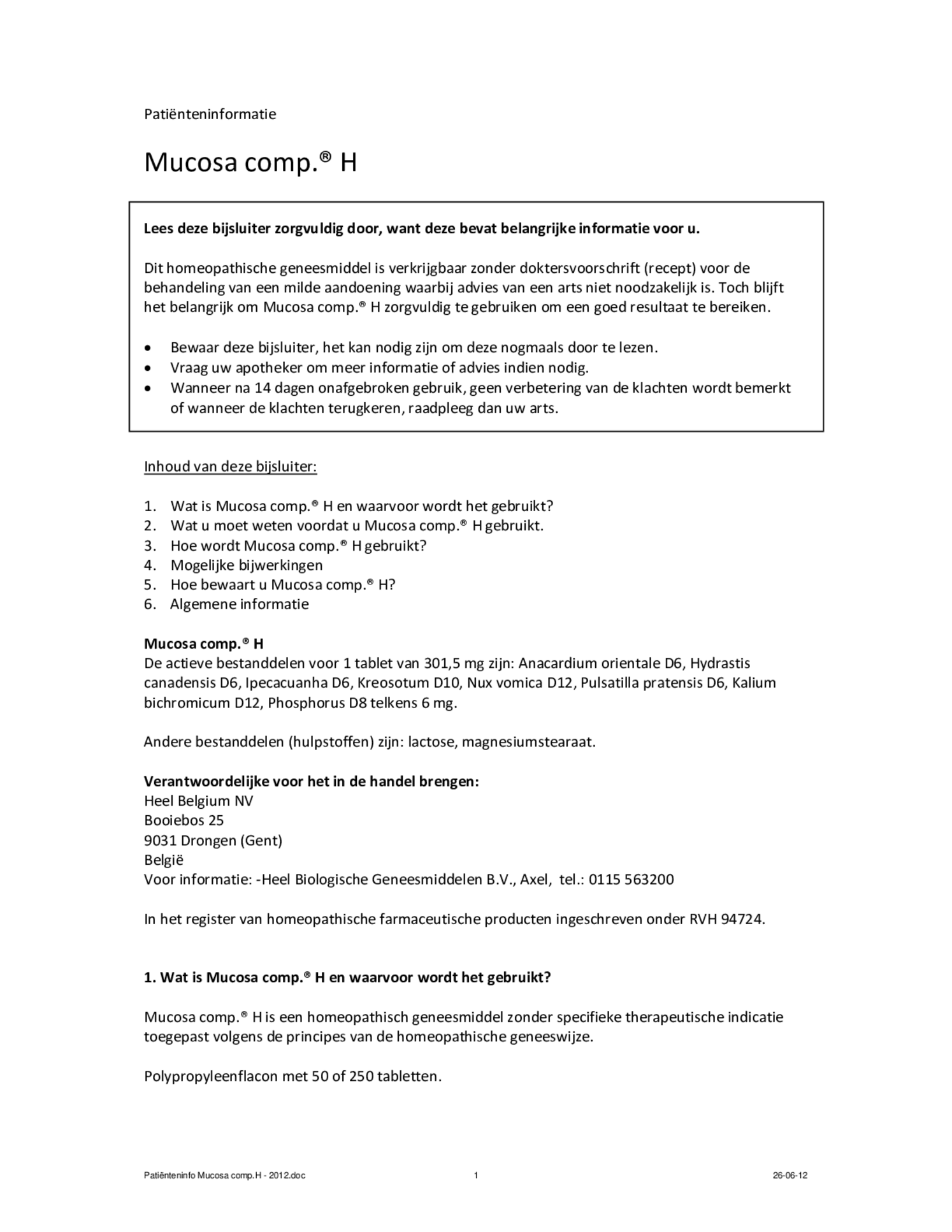 Mucosa Compositum H Tabletten afbeelding van document #1, bijsluiter